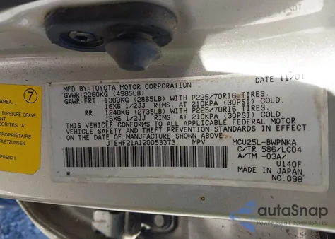 2002 Toyota Highlander Limited V6 z USA, uszkodzony, nr VIN JTEHF21A120053373